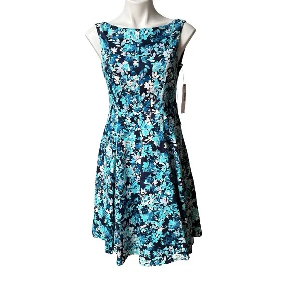 NWT, Maggy London Fit and Flare Sleeveless Summer Dress, Navy and Aqua, Sz 8 - Picture 3 of 16